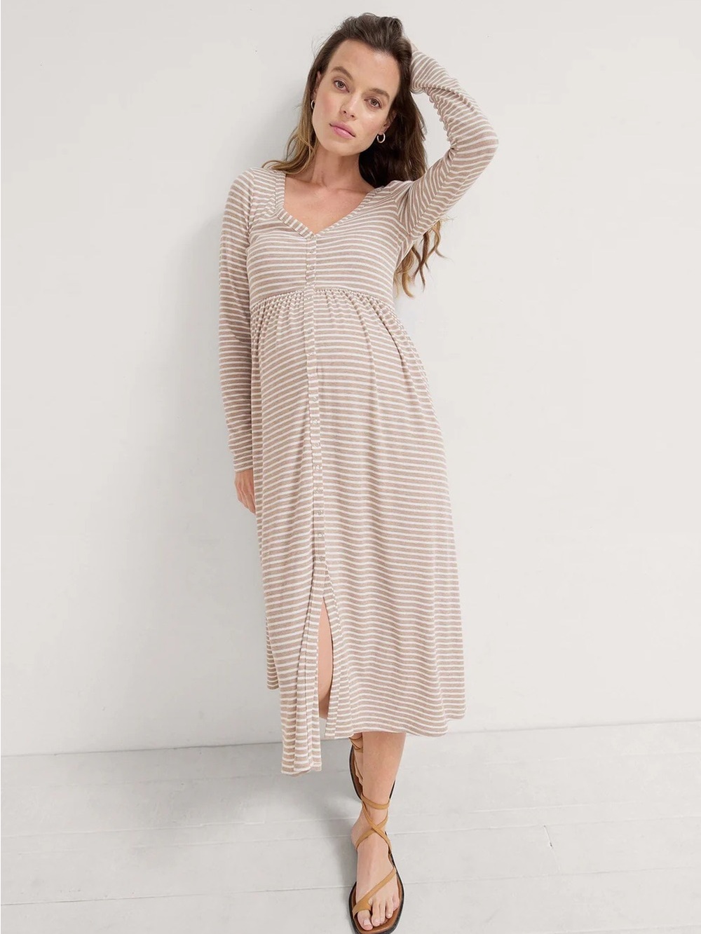 Striped Long Sleeve Maternity Midi Dress - Beige/White